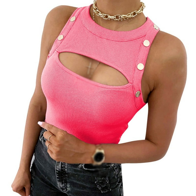 Xmarks Women's Casual Round Neck Crop Top Sleeveless Cut Out Front