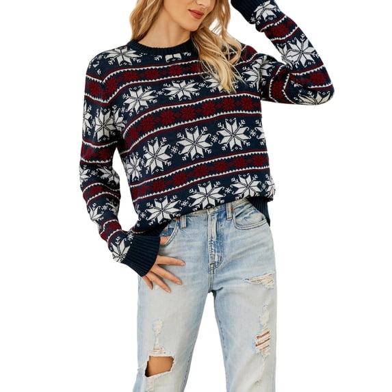 Xmarks Women's Christmas Sweater Xmas Snowflake Patterns Knitted Sweater Long Sleeve Crewneck Pullover Jumper Top, S-XL