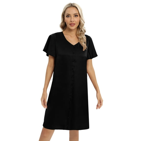 Xmarks Women's Flare Short Sleeve Sleepwear Button Down Shirt Dress Sexy Satin Sleepshirts MidiI Dress Ladies Pajamas Dress with Belt Black US 6-14