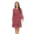thumbnail image 1 of Xmarks Women's Floral Print Long Sleeve Mini Dress Crewneck Smocked High Waist A -Line Swing Flowy Short Dress with Belt Red US 12, 1 of 7