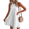 thumbnail image 1 of Xmarks Women's Halter Neck Sleeveless Mini Dress Solid Color Flowy Pleated Beach Dress Sundress White S-3XL, 1 of 8