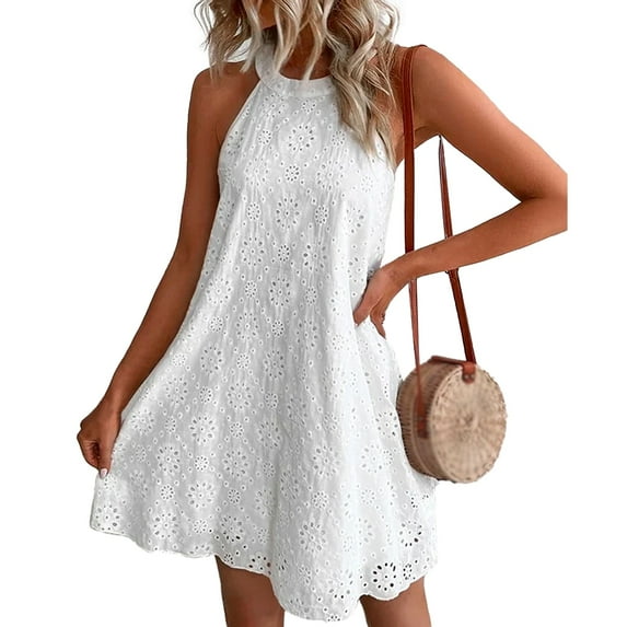 Xmarks Women's Halter Neck Sleeveless Mini Dress Solid Color Flowy Pleated Beach Dress Sundress White S-3XL