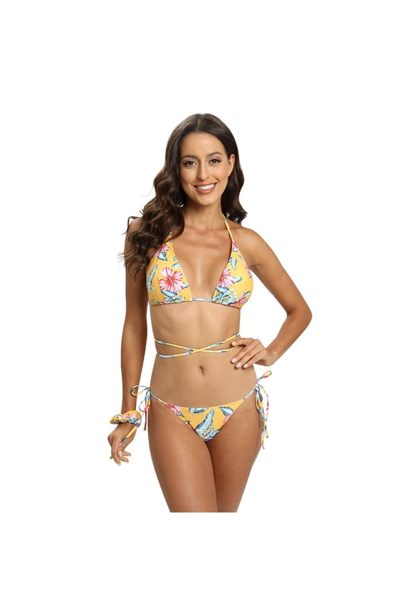 Women's Halter String Brazilian Bikini Set with Scrunchy, Triangle Sexy Thong Two Piece Swimsuit Bathing Suit, Tie Up Padded Swimwear Top Tie Side Bottom 2 Piece Swimsuit Set, XS-L