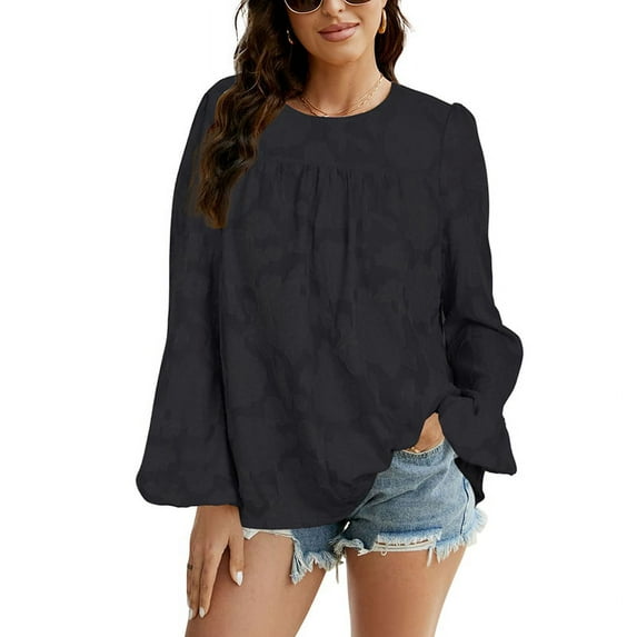 Xmarks Women's Lantern Sleeve Crewneck Loose Babydoll Shirt Loose Blouse
