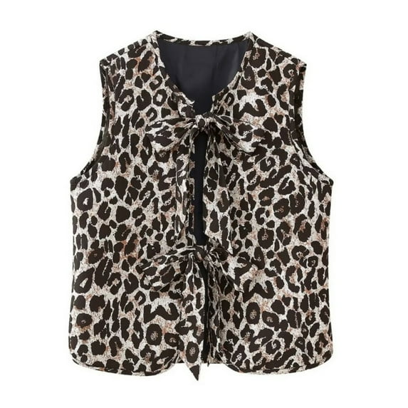 Xmarks Women's Leopard Print Bow Lace Up Vest Y2k Tie Front Sleeveless Cardigan Waistcoat