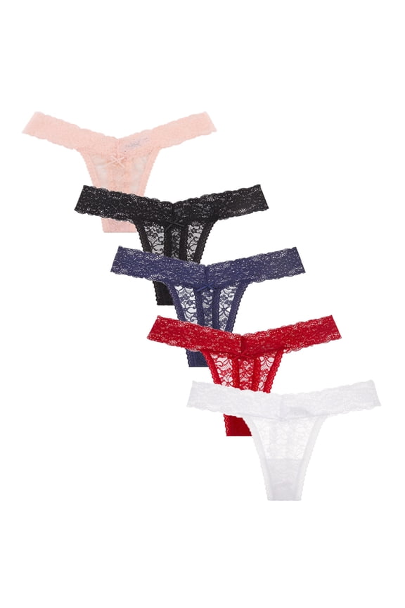 Women's Low Rise Thongs T Back See Through Panties Sexy Seamless V-Shape Design Lace Thongs for Women 5 Pack S-2XL