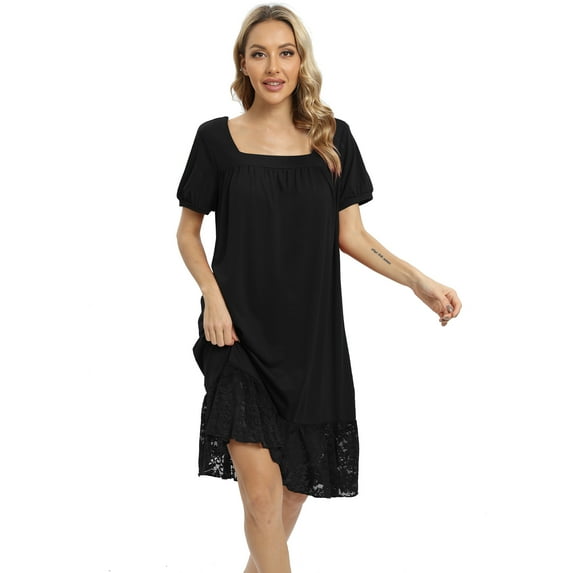 Xmarks Women's Nightgown Short Sleeve Nightdress Comfy Pleated Sleep Shirt Lace Trim Square Neck Nightshirt Black US 14