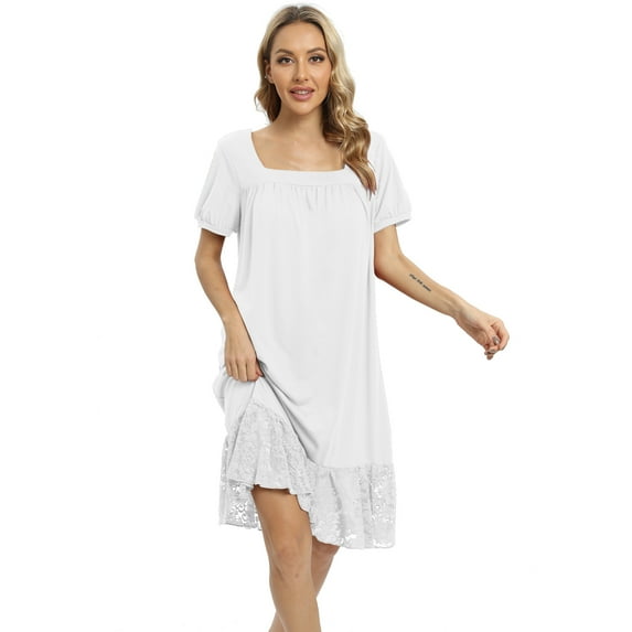 Xmarks Women's Nightgown Short Sleeve Nightdress Comfy Pleated Sleep Shirt Lace Trim Square Neck Nightshirt White US 8