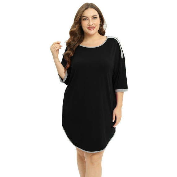 Xmarks Women's Nightshirt Elbow Sleeve Nightgown Sleepwear Round Neck Plus Size Pajama Dress Black US 14