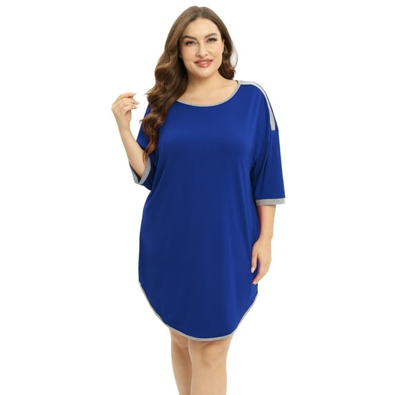 Xmarks Women's Nightshirt Elbow Sleeve Nightgown Sleepwear Round Neck Plus Size Pajama Dress Blue US 18