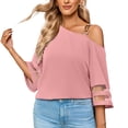 thumbnail image 1 of Xmarks Women's Off Shoulder Tops 3/4 Short Sleeve Casual Loose Batwing Shirts Oversized Blouse Tunic Pink S-XL, 1 of 4