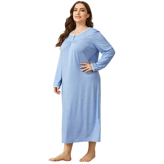 Xmarks Women's Plus Size Dress Long Sleeved Pajamas Solid Color full-length Soft Light Nightgown XL-4XL
