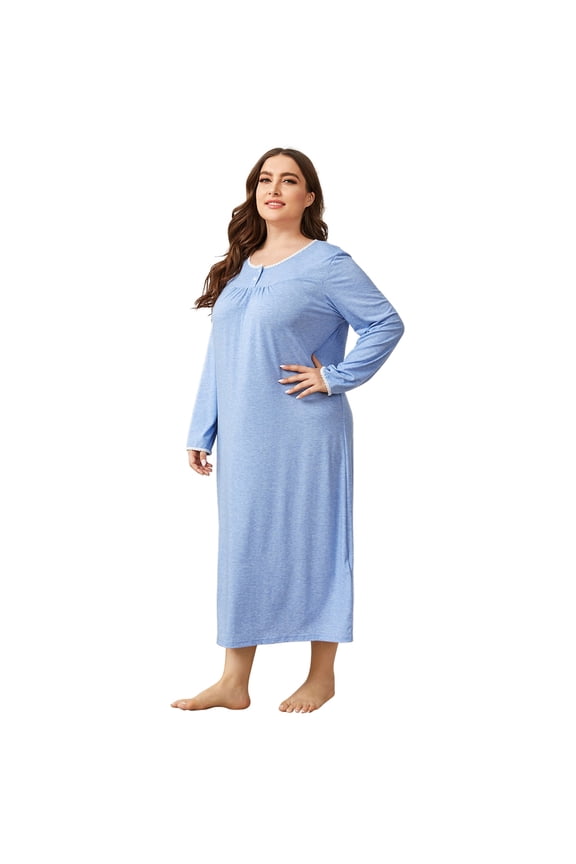 Women's Plus Size Dress Long Sleeved Pajamas Solid Color full-length Soft Light Nightgown XL-4XL