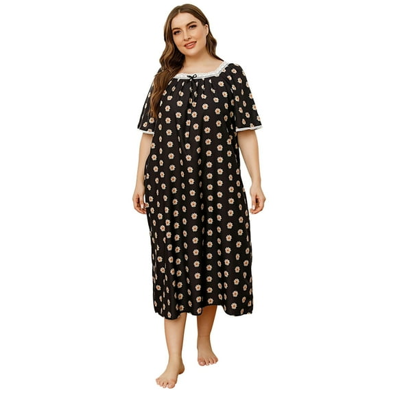 Xmarks Women's Plus Size Nightgown Floral Printed Night Dress Short Sleeve Pajama Dress XL-4XL