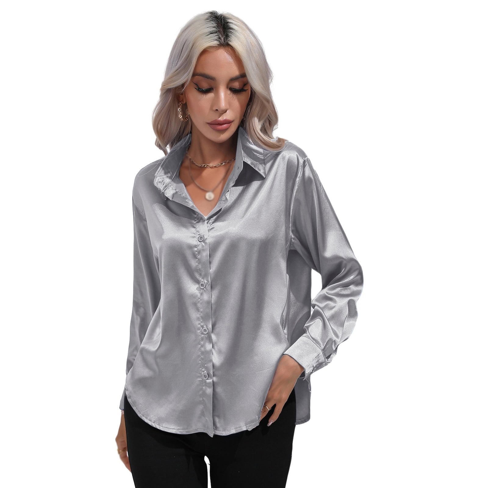 Xmarks Women's Satin Button Down Shirts Long Sleeve Office Work Blouses