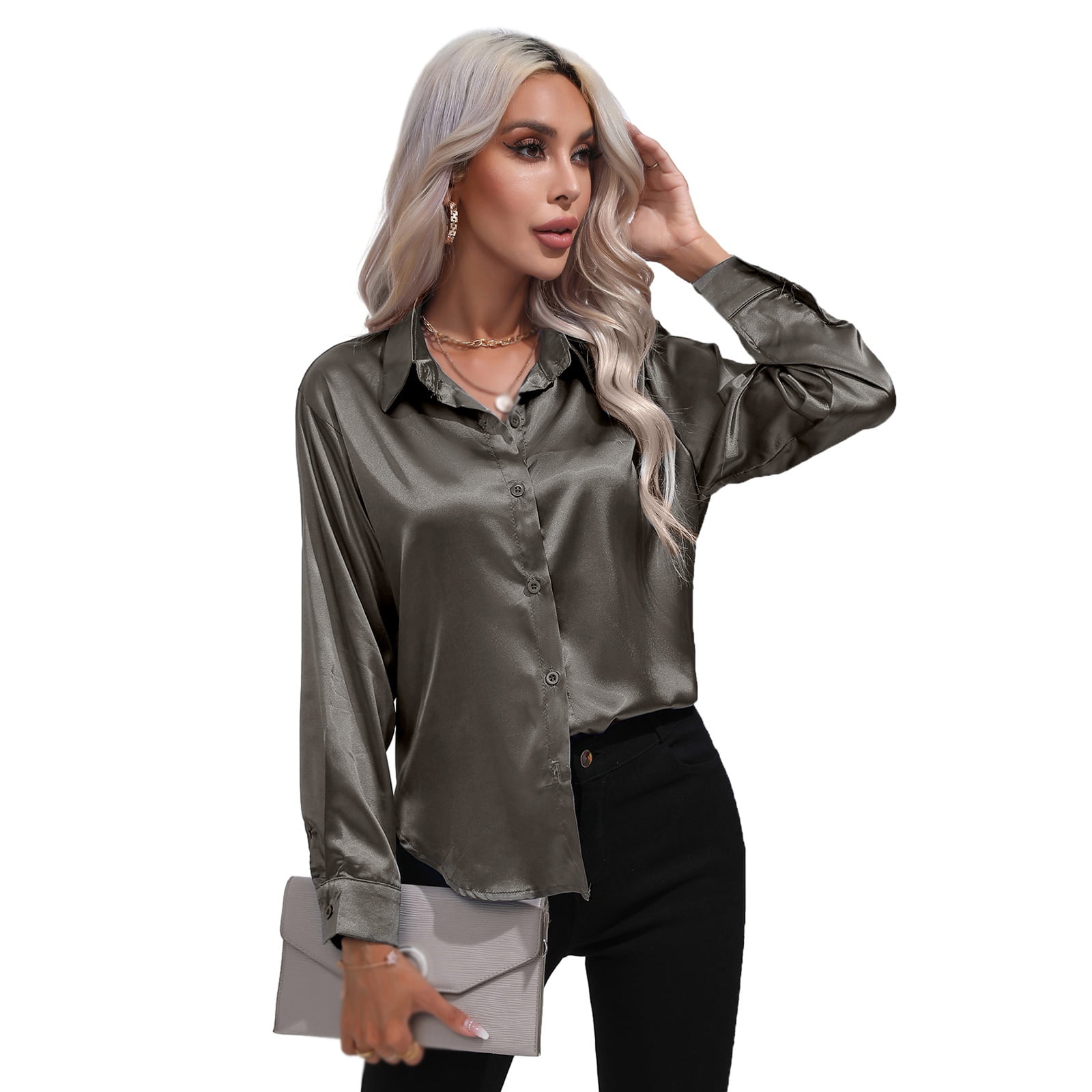 Xmarks Women's Satin Button Down Shirts Long Sleeve Office Work Blouses