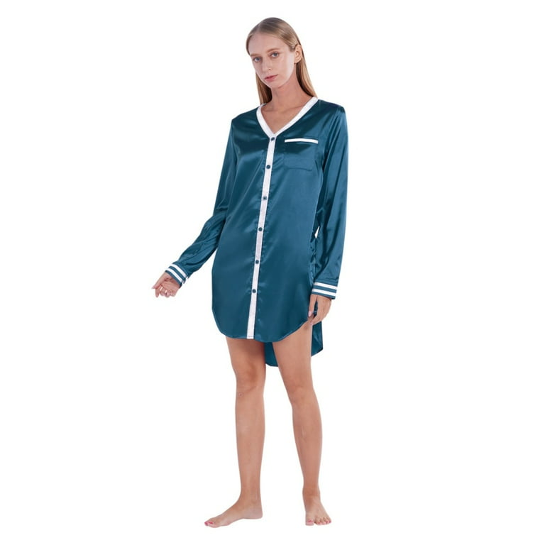 Xmarks Women's Long Sleeve Satin Sleepshirt Button Down Nightgowns