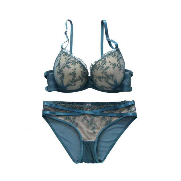 Xmarks Women's 2 Piece Floral Lace Lingerie Set with Garter Belts Sexy Bra  and Panty Blue 75B/34B 