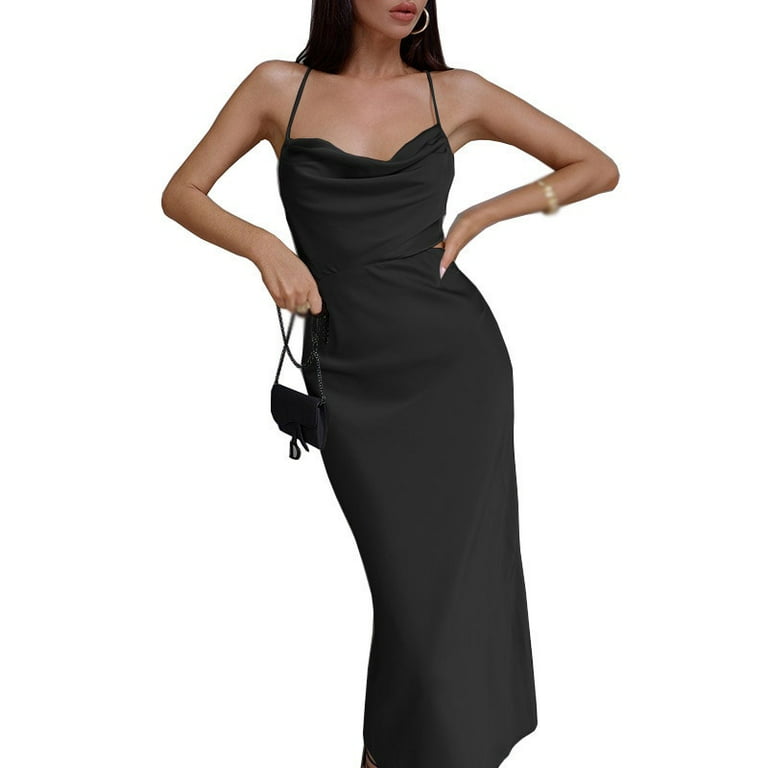 Xmarks Women's Spaghetti Strap Cowl Neck Long Slip Satin