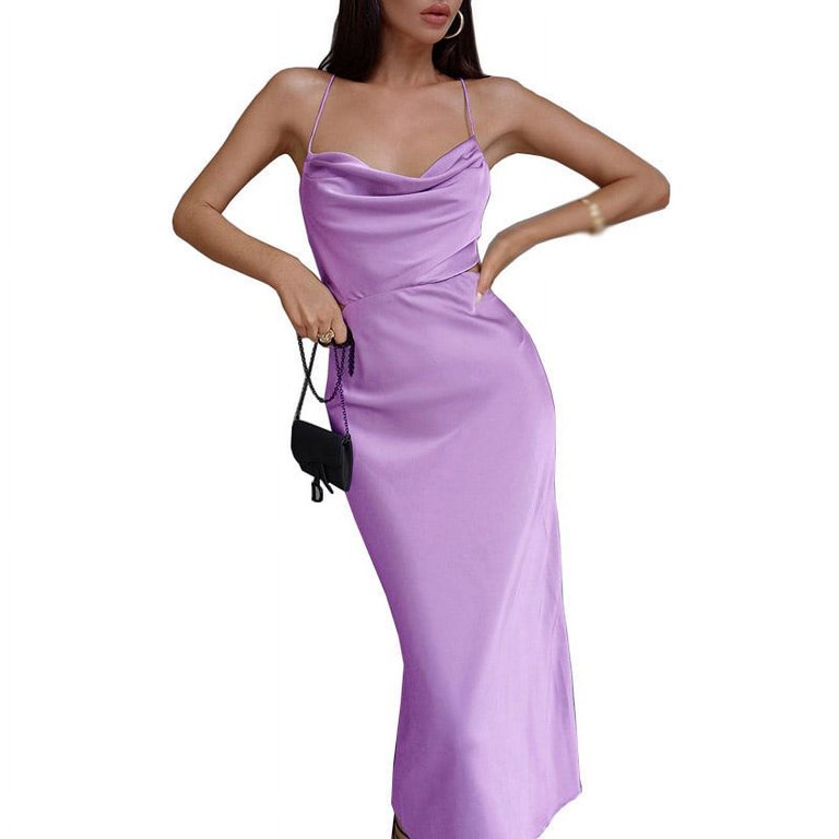 Xmarks Women's Spaghetti Strap Cowl Neck Long Slip Satin Silk Midi Dress  Purple S-3XL - Walmart.com