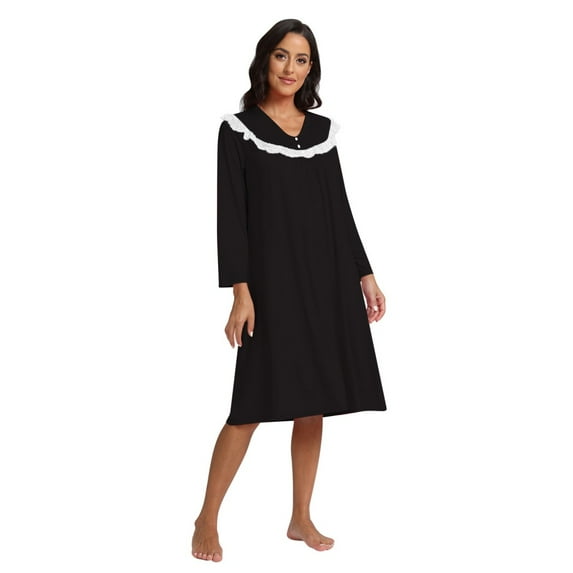 Xmarks Women's Vintage Victorian Nightgown Long Sleeve Sheer Sleepwear Pajamas Nightwear Lounge Dress Black M