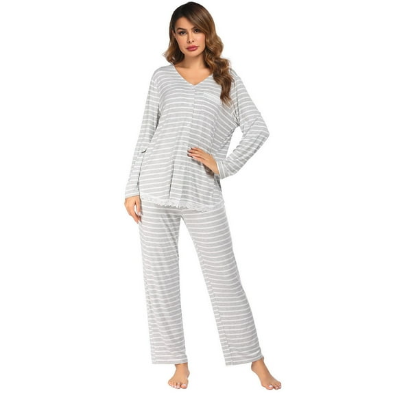 Xmarks Womens 2 piece Long Sleeve Button Down Pajama Set Casual Solid Color V Neck Tops and Elastic Waist Drawstring Pant