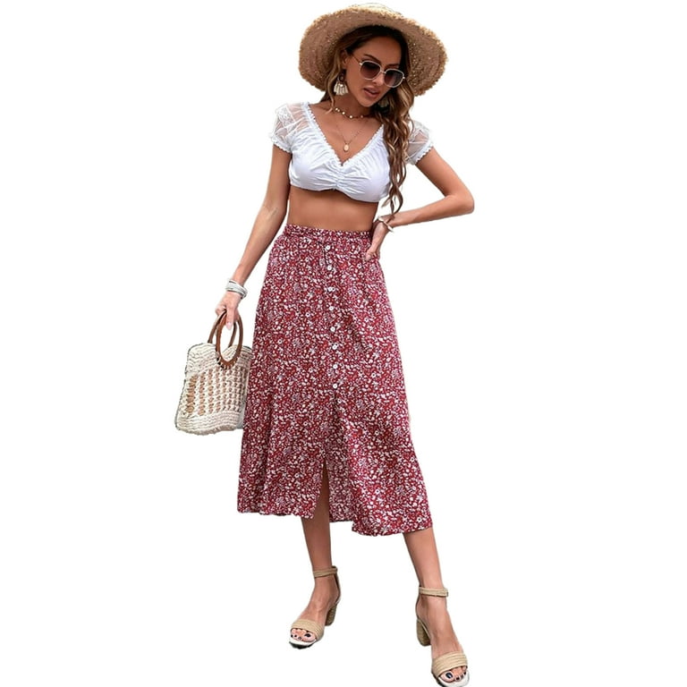Xmarks Womens 2024 Spring Summer Vintage High Waisted Flowy Slit Midi Maxi Skirts Casual Lightweight Comfy Boho Floral Beach Skirt
