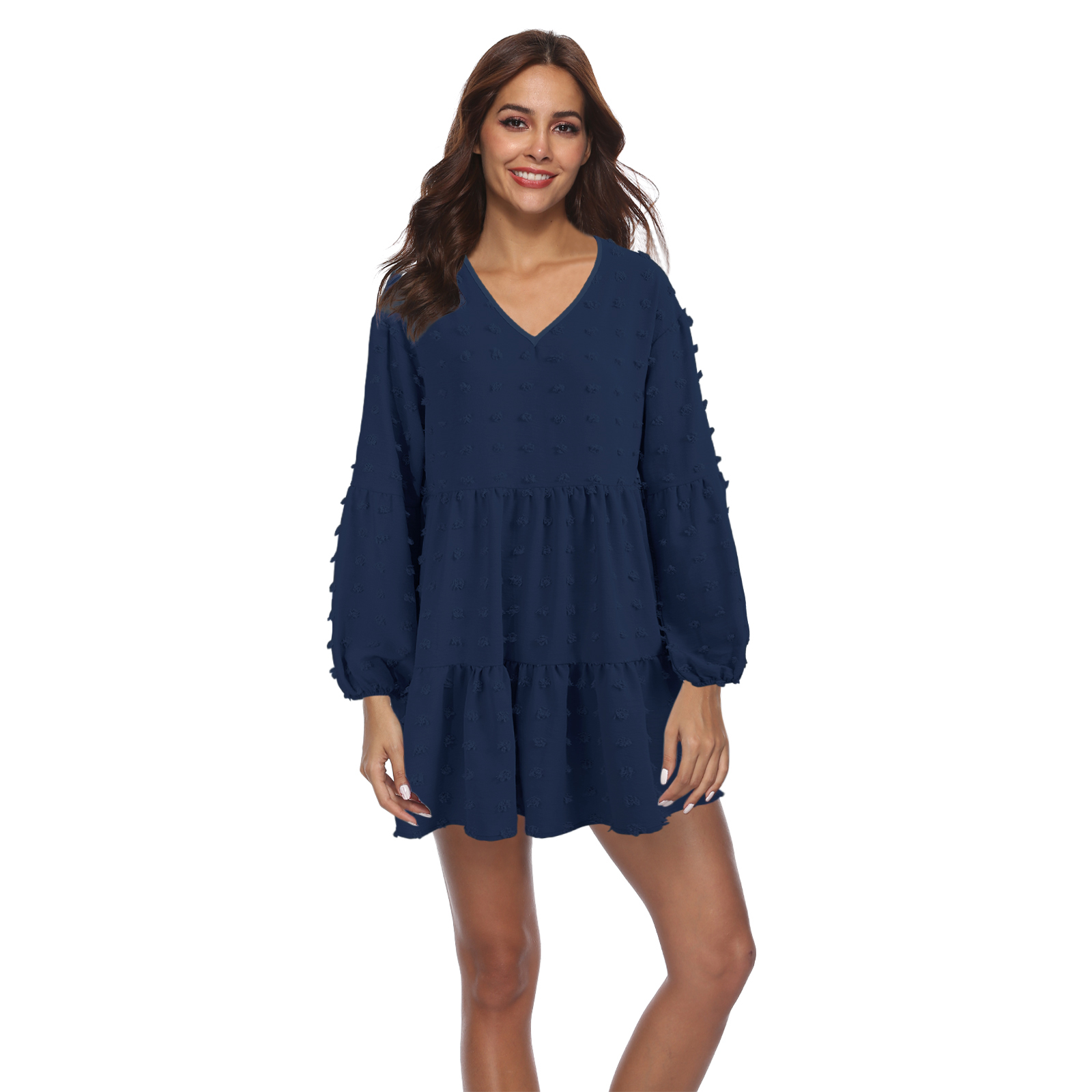Xmarks Womens Fall Summer Deep V Neck Long Sleeve Swiss Dot Mini Dress