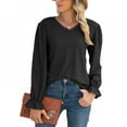 thumbnail image 1 of Xmarks Womens Lace Crochet V Neck flare Long Sleeve Button Down Shirt Casual T Shirts Blouses Pullover Tops Black M, 1 of 2