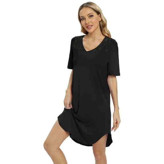 Xmarks Womens Nightgowns Short Sleeve Nightshirt V Neck Sleep Shirt Comfy Nightdress Black US 14
