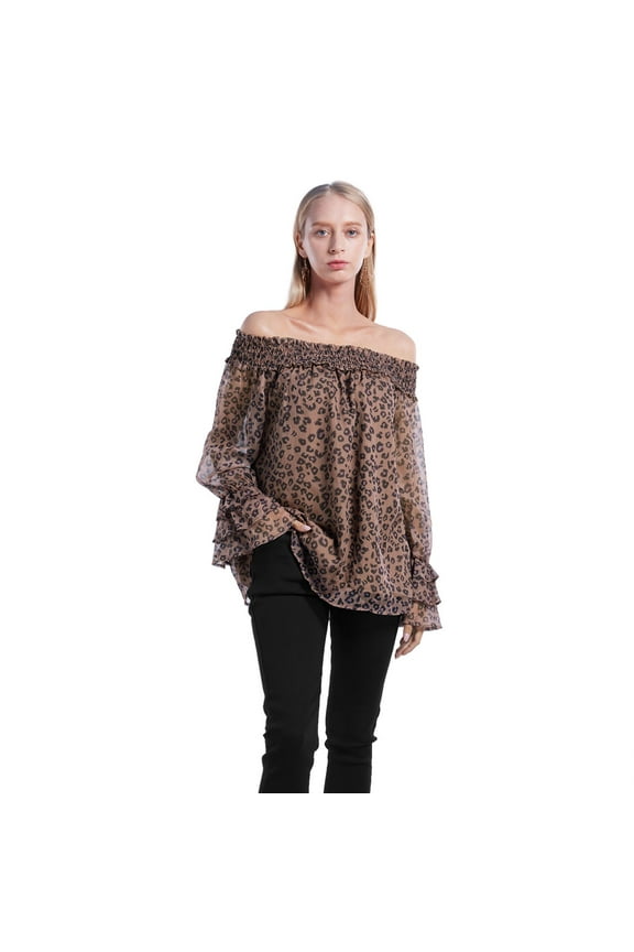 Womens Off Shoulder Chiffon Blouse Floral/Leopard Print Ruffle Long Sleeve Shirt Summer Casual Loose Shirts S-2XL