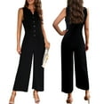 thumbnail image 1 of Xmarks Womens Summer Button Solid Color Tank Jumpsuit Casual Sleeveless V Neck Rompers Loose Wide Leg Long Pants with Pockets Black L, 1 of 7
