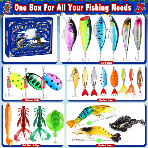 BEAUTINOUN 24-Day Countdown Fish Advent Calendar Festive Gift Case for Christmas Treats 27.5 x 3 cm