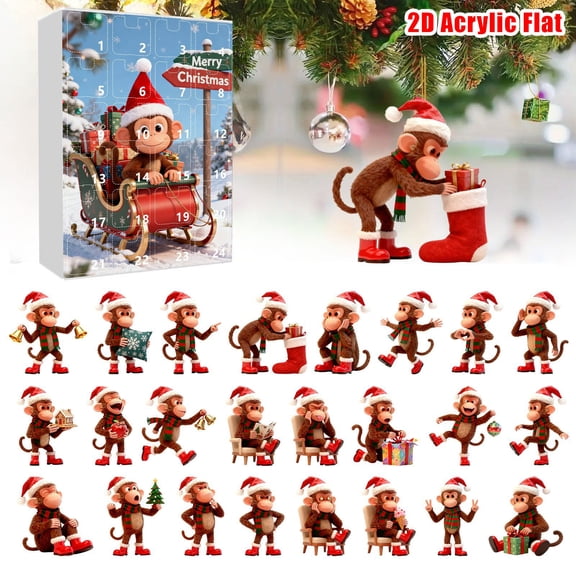 Xmas 2D Cartoon Monkey Hanging Ornament 24Pcs Cute Funny Xmas Monkey Pendant Countdown Calendar For Surprise Giving86237