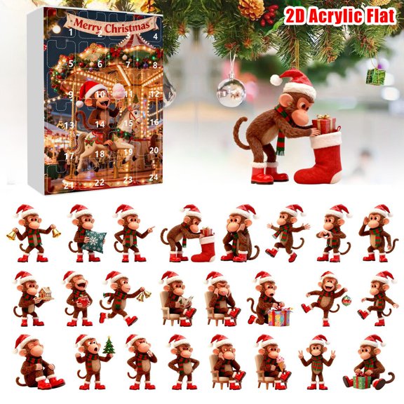 Xmas 2D Cartoon Monkey Hanging Ornament 24Pcs Cute Funny Xmas Monkey Pendant Countdown Calendar For Surprise Giving87068