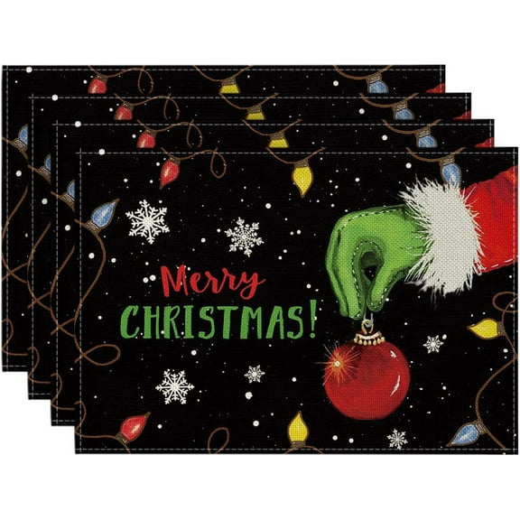 Xmas Ball Merry Christmas Placemats Set of 4, 12x18 Inch Seasonal Winter Holiday Black Table Mats for Party Kitchen Dining Decoration
