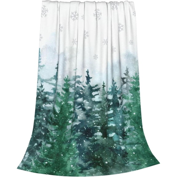 Xmas Blanket Watercolor Pine Tree Forest, Christmas Soft Cozy Flannel Blanket, Winter Snowflake Snowy Lightweight Blanket for Home Party Bed Sofa Couch, 50" x 60"