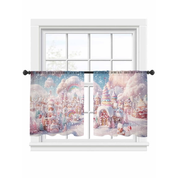 Xmas Candy Ice Cream Sheer Curtains 45 inches Long 2 Panels Set Gingerbread Castle Winter Pink Fantasy Snow Scene Tiers Sheers Rod Pocket Small Window Curtains for Kitchen Cafe, Each 52" W x 45" L