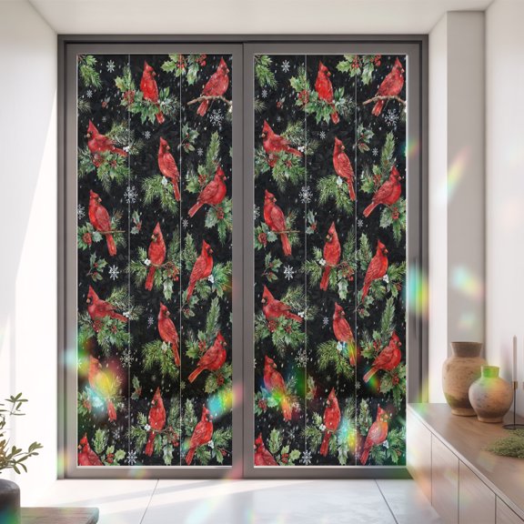 Xmas Cardinal Holly Berry Window Privacy Film,Decorative Windows Static Cling Winter Snowflake Bird Plant on Black Heat Control Removable Glass Sticker for Bathroom Bedroom Window Door,35.4x78.7in