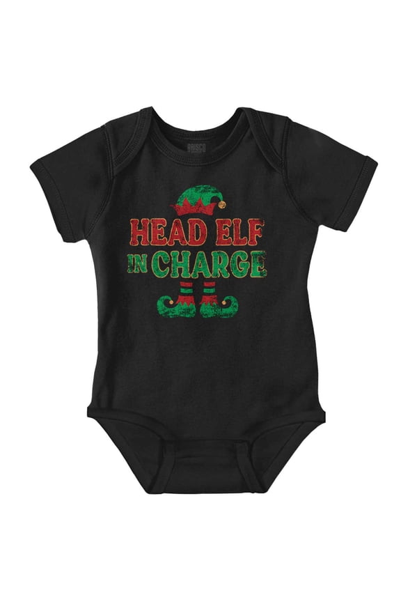 Xmas Christmas Head Elf In Charge Baby Romper Boys or Girls Brisco Brands NB