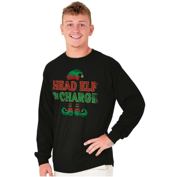 Xmas Christmas Head Elf In Charge Long Sleeve TShirt Men Women Brisco Brands S