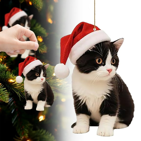 Xmas Clearance 3.9X3.9X0.4 Cute Kitten Christmas Hat Pendant, Cat Decorated Christmas Tree Christmas Cute Cat Hanging Ornaments Cat Lover Ornaments Double Printed Acrylic Hanging Ornaments