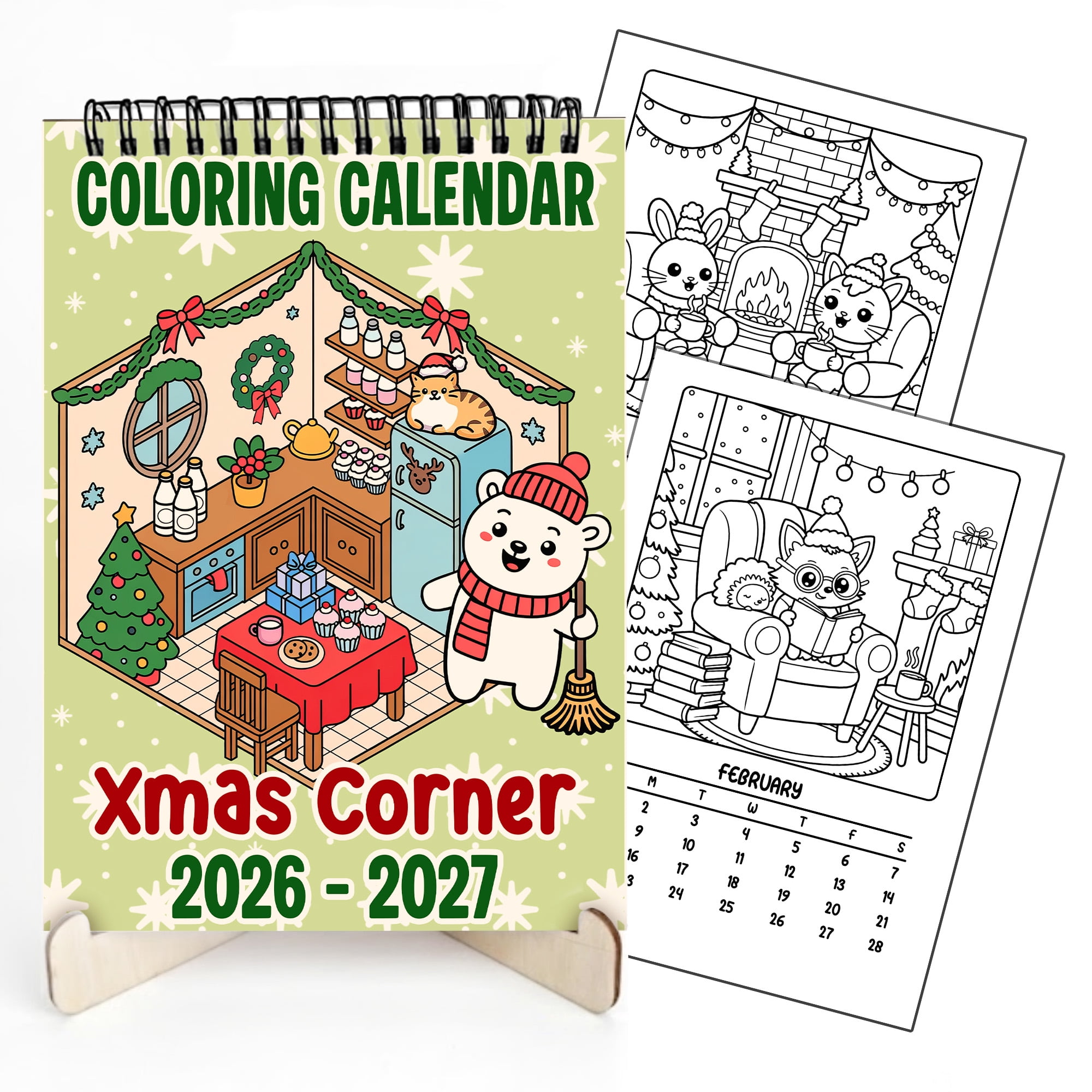 Xmas Corner Coloring Desk Calendar 2026–2027, A5 Wooden Cover Planner with 26 Easy Coloring Pages for Adult Relaxation, 24 Month Desktop Calendar with Stand, Gift for Family & Friends
