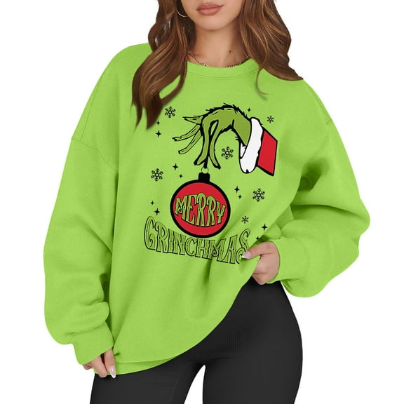Xmas Crewneck Pullover Long Sleeve Funny Cute Oversized Christmas Sweatshirt for Women 9-Green L