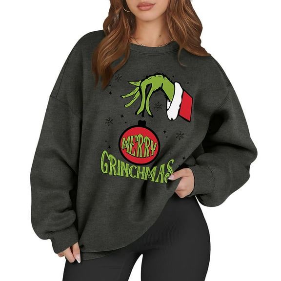 Xmas Crewneck Pullover Long Sleeve Funny Cute Reindeer Christmas Sweatshirt Women 9-Gray L