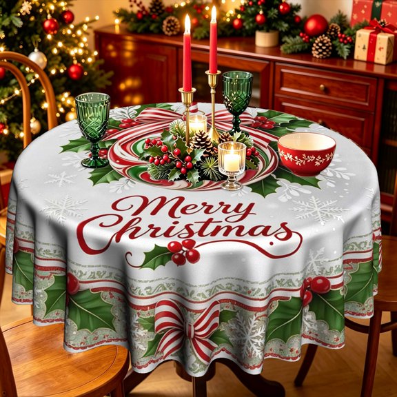 Xmas Cursive Holiday Text Candy Swirl Holly Polyester Round Tablecloth,35/50/60/70 inch,Dining Table Holiday Party Decor