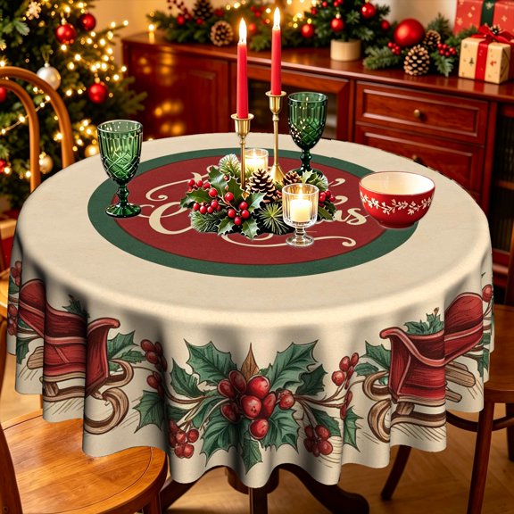 Xmas Cursive Holiday Text Holly Stocking Gift Motif Polyester Round Tablecloth,35/50/60/70 inch,Dining Table Holiday Party Decor
