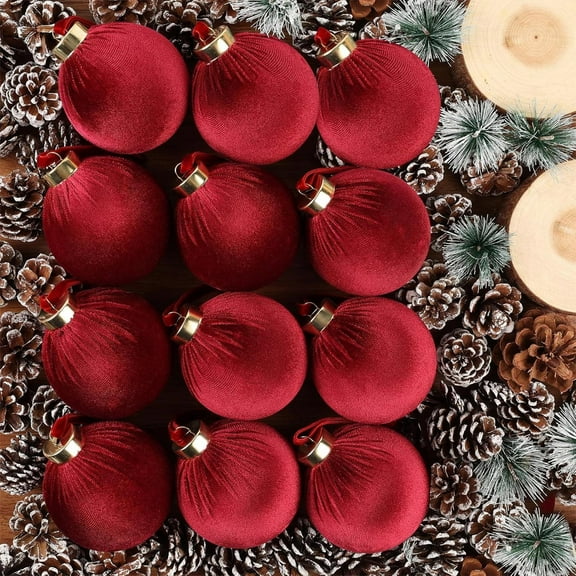 Xmas Decorative Hanging Ornaments - 12 Pack Velvet Christmas Ball Ornaments Large Flocked Christmas Tree Hanging Ornaments Shatterproof Flocked Decorative Balls for Xmas Tree Decorations 3.15inch,Red