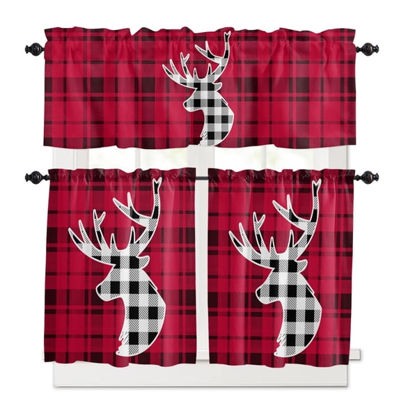 Xmas Deer Kitchen Curtains and Valances Set, Head Bufflo Plaid Red Rod Pocket Window Valance 18 Inch Window Curtain Panels for Living Room Bedroom Laundry, 27.5x36in, 3 Pieces