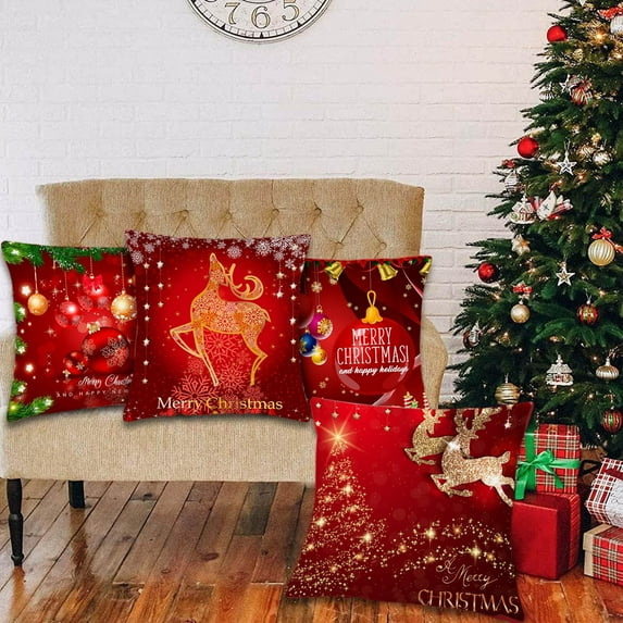 Xmas Deer Red Throw Pillow Covers,Merry Christmas Red Throw Pillow Covers 18 x 18 Inch Set of 4,Christmas Deer Xmas Trees Winter Holiday Cushion Case for Sofa Couch Home,Christmas Decorations
